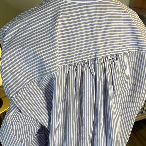 Free People Ruched Sleeve Blue Striped Collar Button Down Shirt - Picture 7 of 9